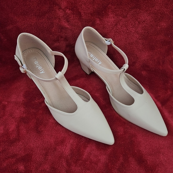 Peijely Women's Cream T-Strap Mary Janes Heels-Size 10 - Picture 3 of 8